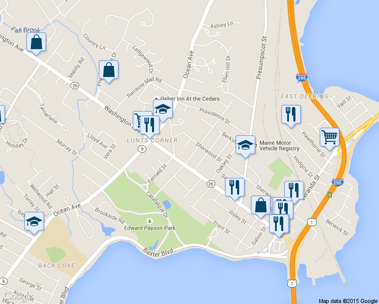 map of restaurants, bars, coffee shops, grocery stores, and more near 16 Inverness Street in Portland
