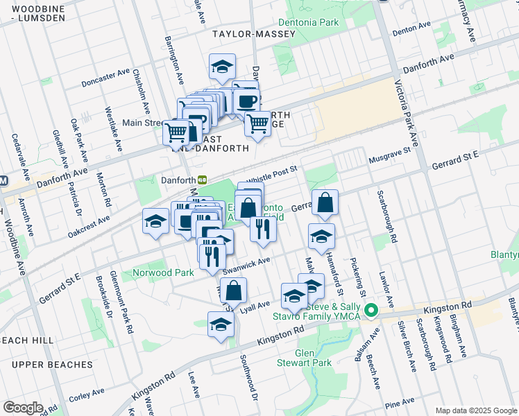 map of restaurants, bars, coffee shops, grocery stores, and more near in Toronto
