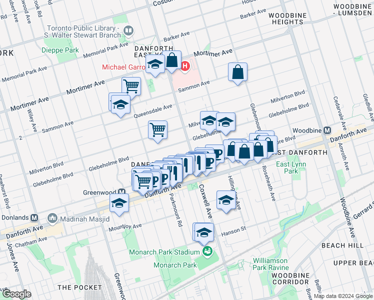 map of restaurants, bars, coffee shops, grocery stores, and more near in Toronto