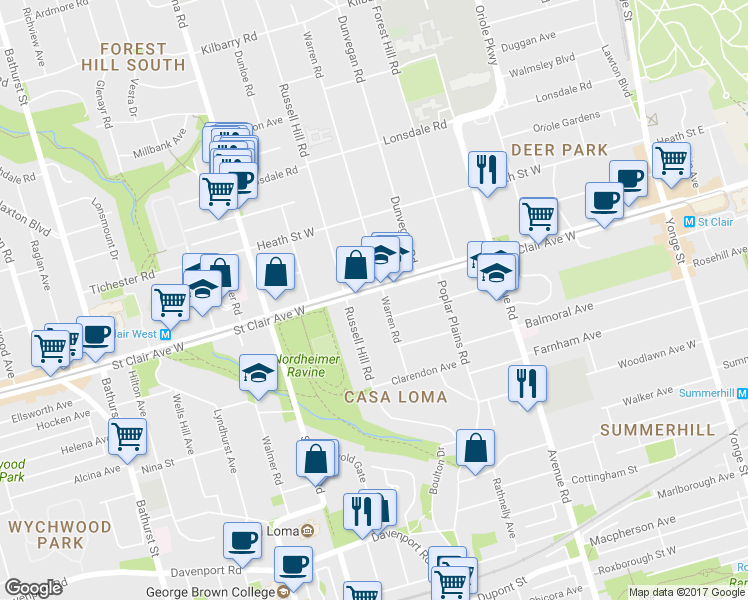 map of restaurants, bars, coffee shops, grocery stores, and more near 253 Russell Hill Road in Toronto