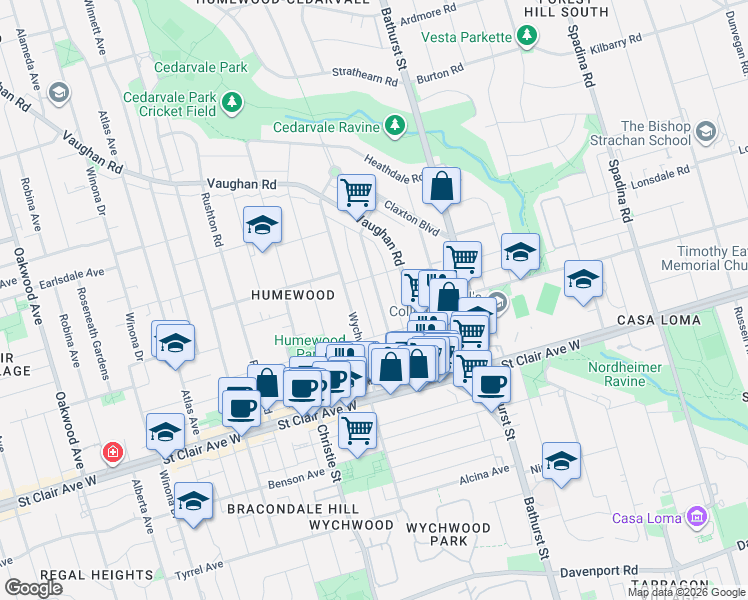 map of restaurants, bars, coffee shops, grocery stores, and more near in Toronto