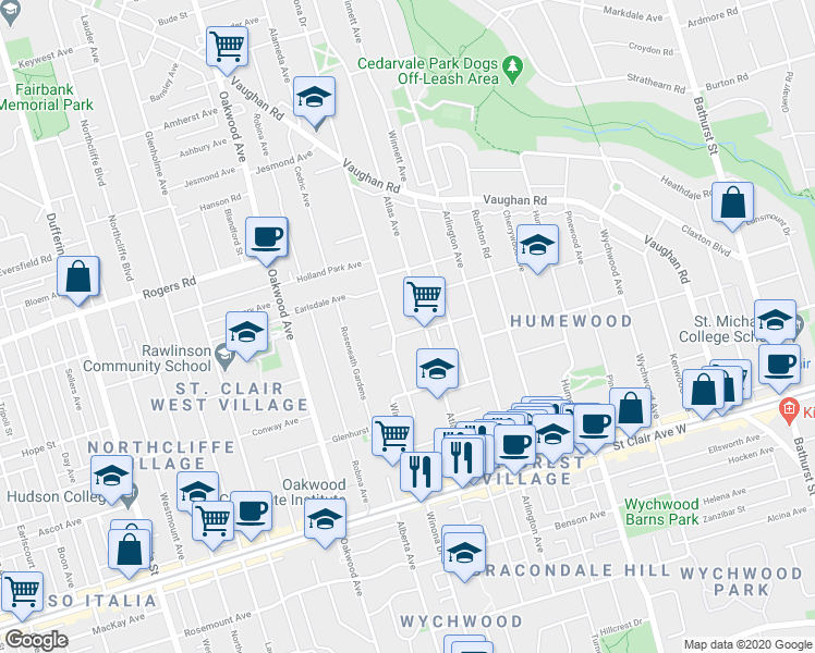 map of restaurants, bars, coffee shops, grocery stores, and more near in Toronto