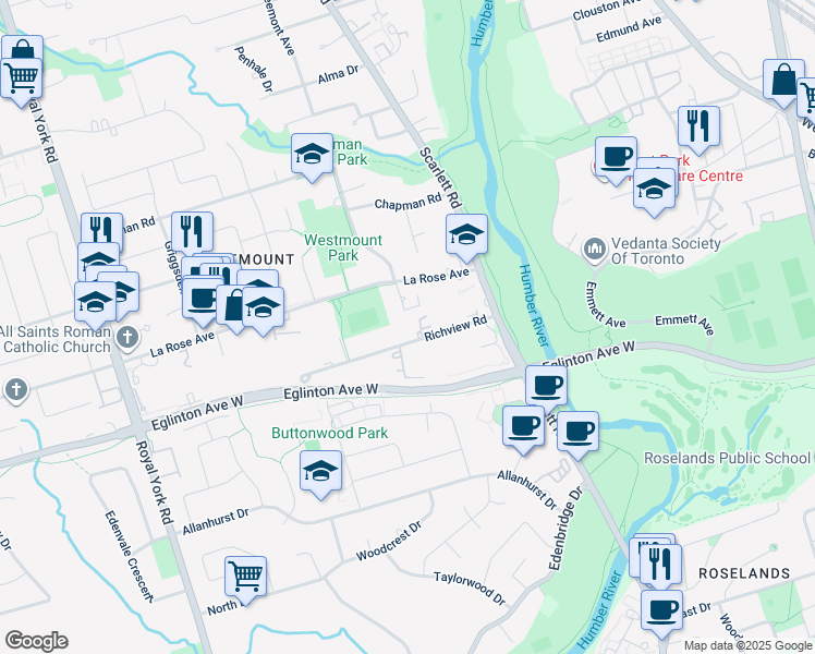 map of restaurants, bars, coffee shops, grocery stores, and more near in Toronto
