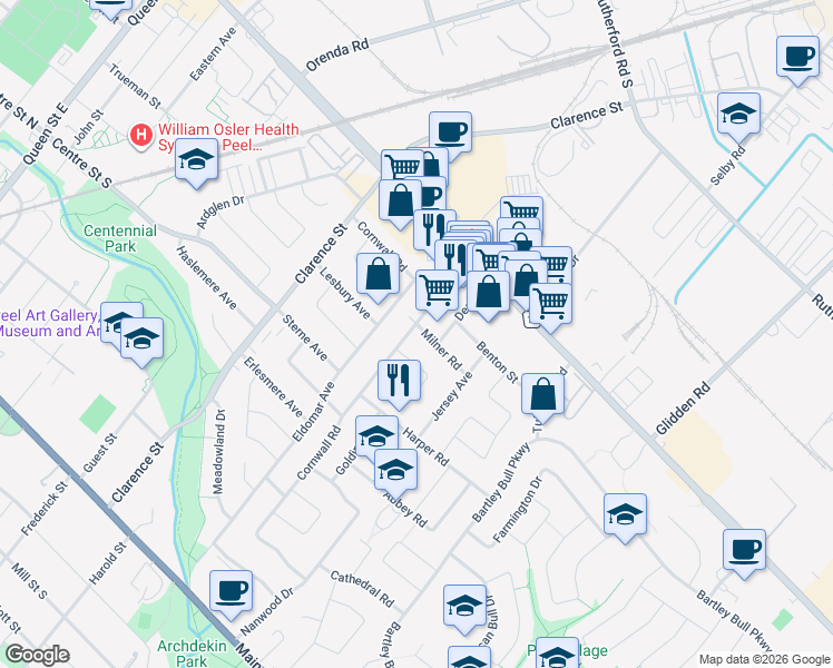 map of restaurants, bars, coffee shops, grocery stores, and more near in Brampton