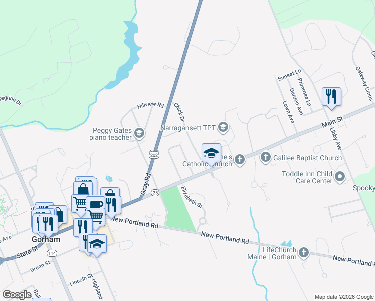 map of restaurants, bars, coffee shops, grocery stores, and more near 16 Donna Street in Gorham