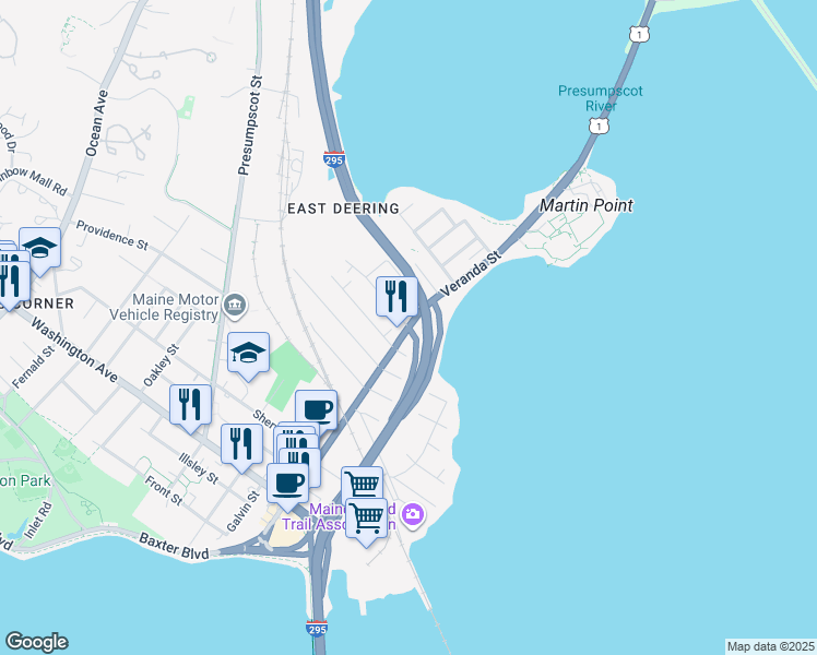 map of restaurants, bars, coffee shops, grocery stores, and more near Veranda Street in Portland