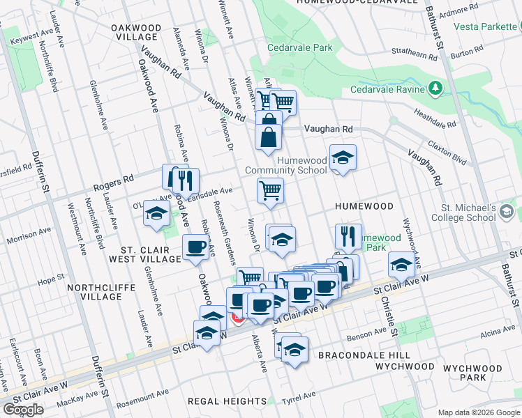 map of restaurants, bars, coffee shops, grocery stores, and more near 12 Hursting Avenue in Toronto