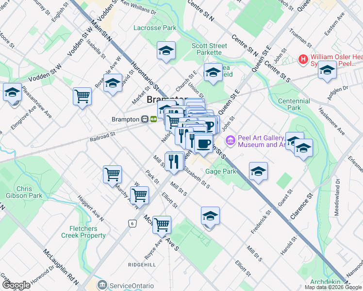 map of restaurants, bars, coffee shops, grocery stores, and more near 9 George Street North in Brampton