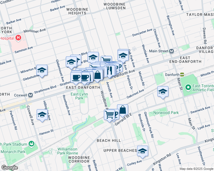 map of restaurants, bars, coffee shops, grocery stores, and more near 66 Amroth Avenue in Toronto