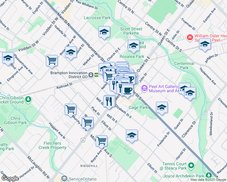 map of restaurants, bars, coffee shops, grocery stores, and more near 9 George Street North in Brampton