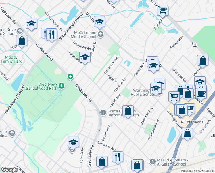 map of restaurants, bars, coffee shops, grocery stores, and more near 16 Capistro Street in Brampton
