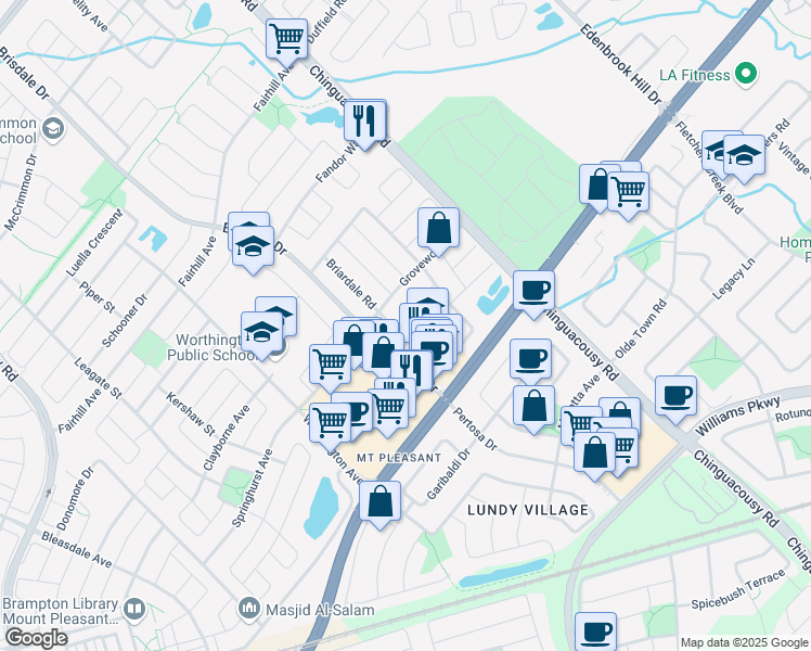 map of restaurants, bars, coffee shops, grocery stores, and more near 100 Farthingale Crescent in Brampton