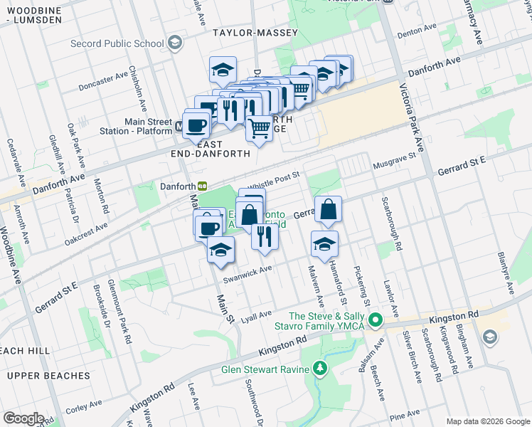 map of restaurants, bars, coffee shops, grocery stores, and more near 14 Fairhead Mews in Toronto