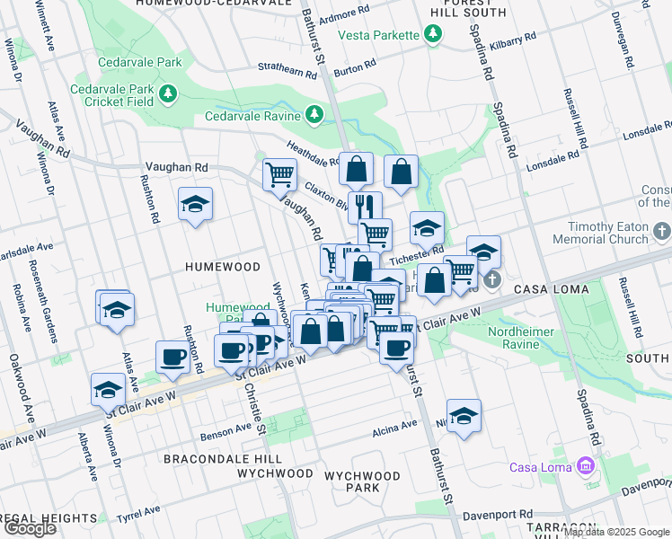 map of restaurants, bars, coffee shops, grocery stores, and more near in Toronto
