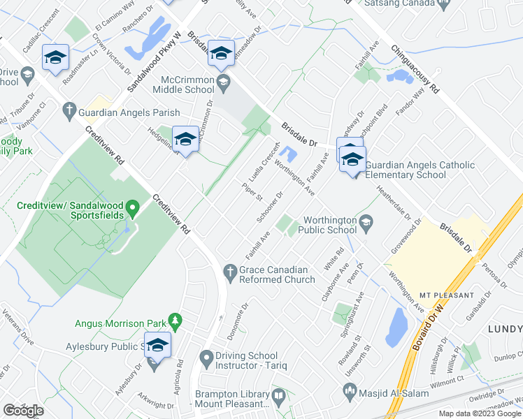 map of restaurants, bars, coffee shops, grocery stores, and more near 60 Schooner Drive in Brampton