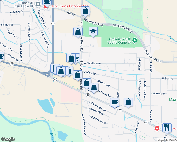 map of restaurants, bars, coffee shops, grocery stores, and more near 10482 Utahna Road in Boise