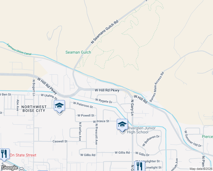 map of restaurants, bars, coffee shops, grocery stores, and more near 7645 West Hill Road in Boise