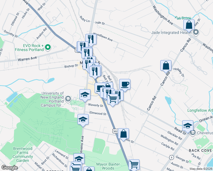 map of restaurants, bars, coffee shops, grocery stores, and more near 57 Bell Street in Portland