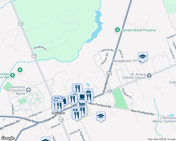 map of restaurants, bars, coffee shops, grocery stores, and more near 14 Hillview Road in Gorham