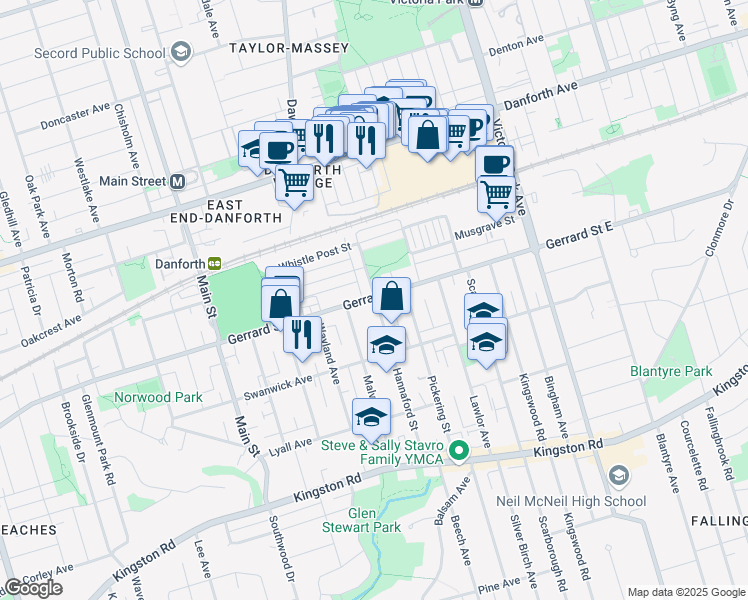 map of restaurants, bars, coffee shops, grocery stores, and more near in Toronto