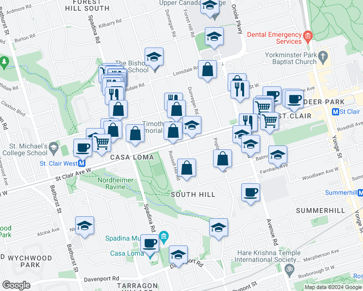 map of restaurants, bars, coffee shops, grocery stores, and more near in Toronto