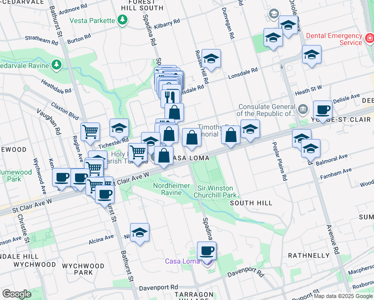 map of restaurants, bars, coffee shops, grocery stores, and more near in Toronto