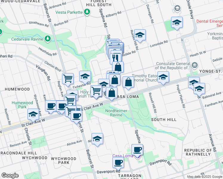 map of restaurants, bars, coffee shops, grocery stores, and more near 400 Spadina Road in Toronto