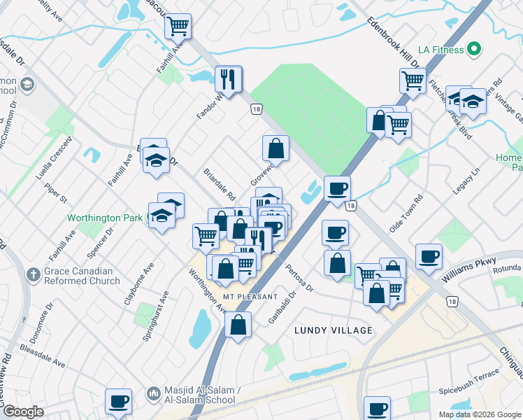 map of restaurants, bars, coffee shops, grocery stores, and more near 24 Ashmere Road in Brampton