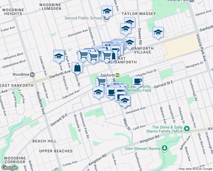 map of restaurants, bars, coffee shops, grocery stores, and more near 123 Enderby Road in Toronto
