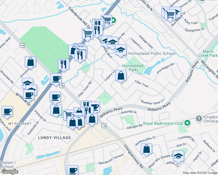 map of restaurants, bars, coffee shops, grocery stores, and more near 148 Binder Twine Trail in Brampton