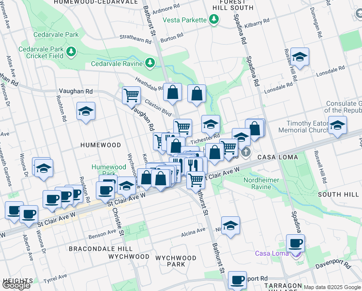 map of restaurants, bars, coffee shops, grocery stores, and more near 1550 Bathurst Street in Toronto