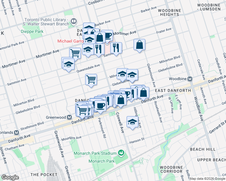 map of restaurants, bars, coffee shops, grocery stores, and more near 745 Coxwell Avenue in Toronto