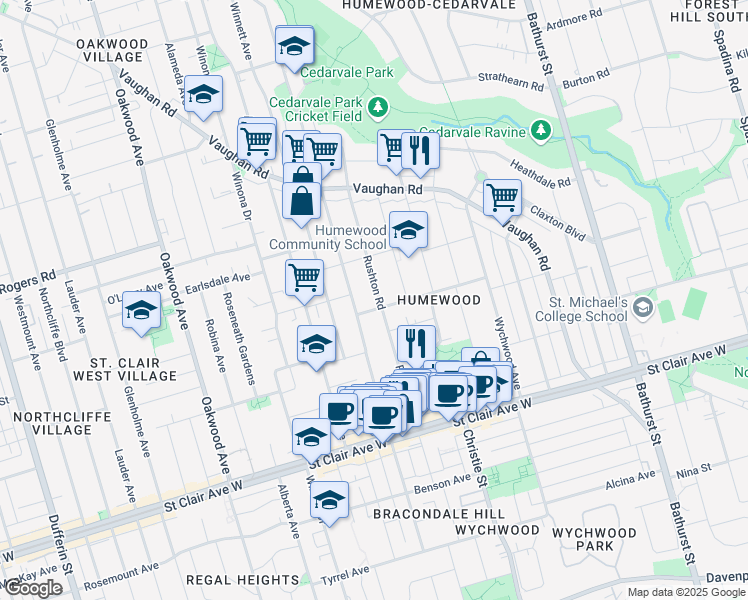 map of restaurants, bars, coffee shops, grocery stores, and more near 422 Rushton Road in Toronto