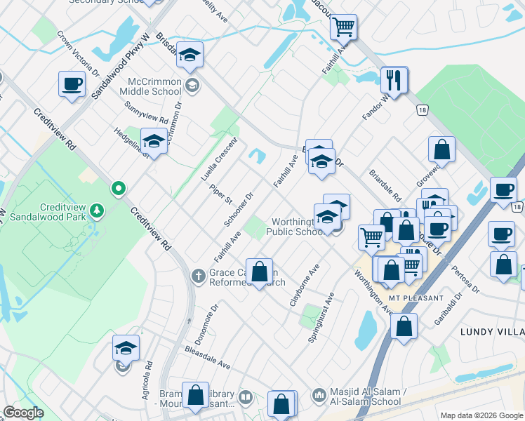 map of restaurants, bars, coffee shops, grocery stores, and more near 65 Fairhill Avenue in Brampton