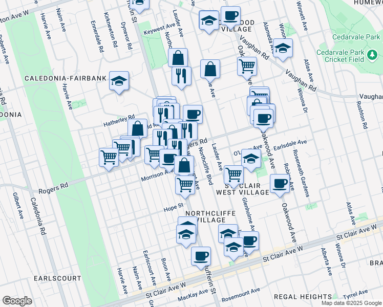 map of restaurants, bars, coffee shops, grocery stores, and more near 375 Westmount Avenue in Toronto