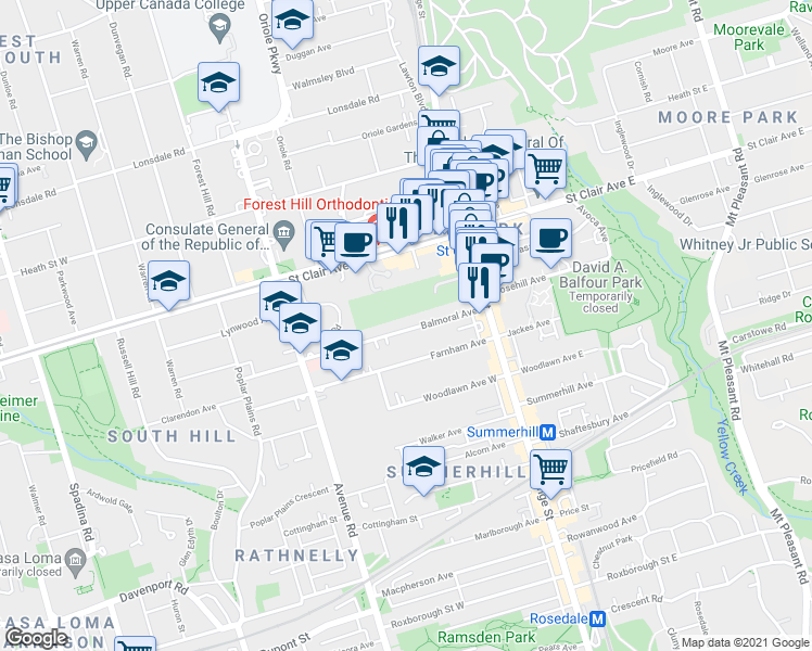 map of restaurants, bars, coffee shops, grocery stores, and more near 62 Balmoral Avenue in Toronto