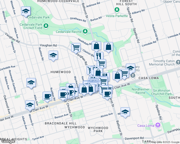 map of restaurants, bars, coffee shops, grocery stores, and more near in Toronto