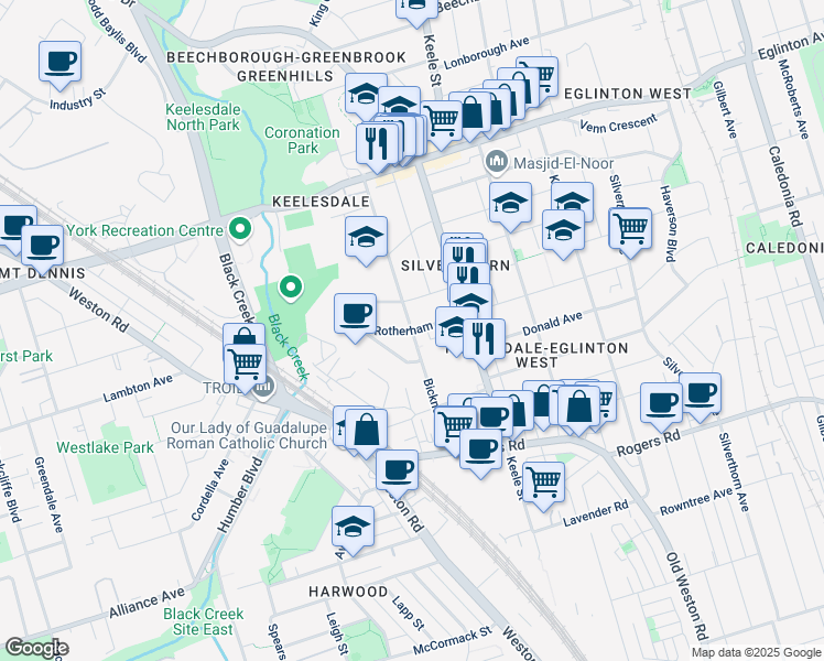 map of restaurants, bars, coffee shops, grocery stores, and more near Rotherham Avenue in Toronto
