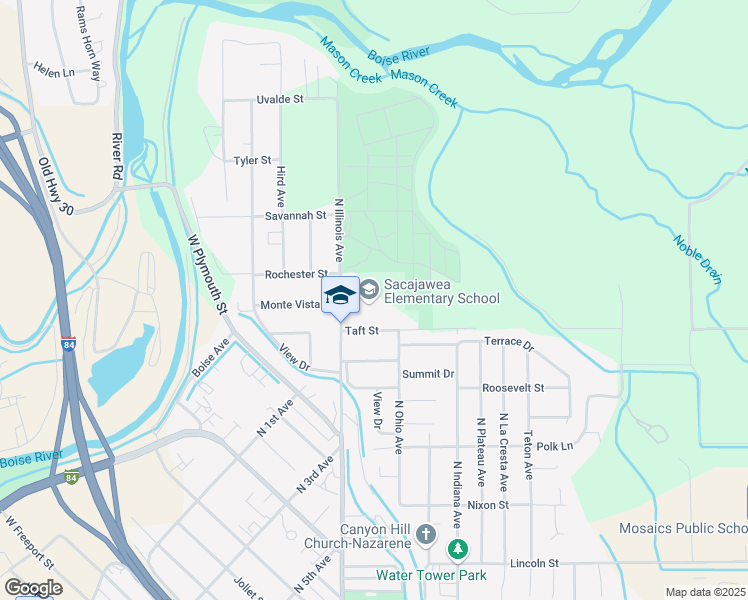 map of restaurants, bars, coffee shops, grocery stores, and more near 1710 North Illinois Avenue in Caldwell