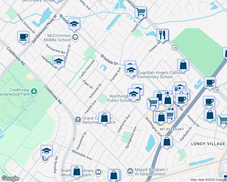 map of restaurants, bars, coffee shops, grocery stores, and more near 8 Chestermere Crescent in Brampton