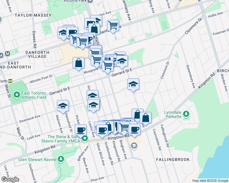 map of restaurants, bars, coffee shops, grocery stores, and more near 351 Victoria Park Avenue in Toronto
