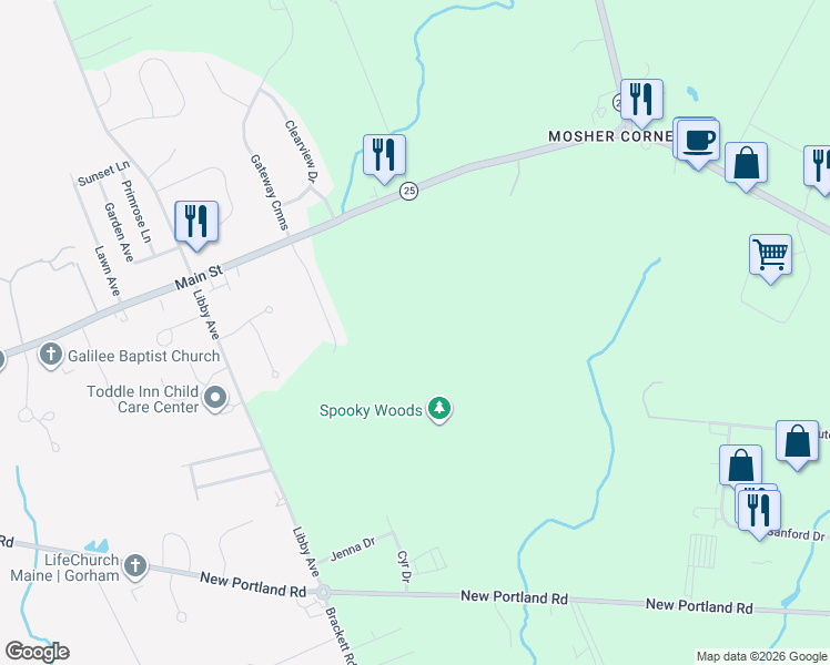 map of restaurants, bars, coffee shops, grocery stores, and more near 38-46 Shamrock Drive in Gorham