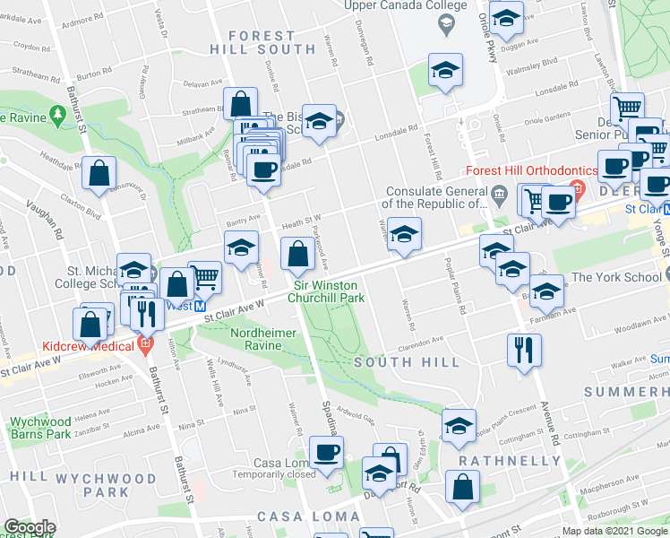 map of restaurants, bars, coffee shops, grocery stores, and more near in Toronto