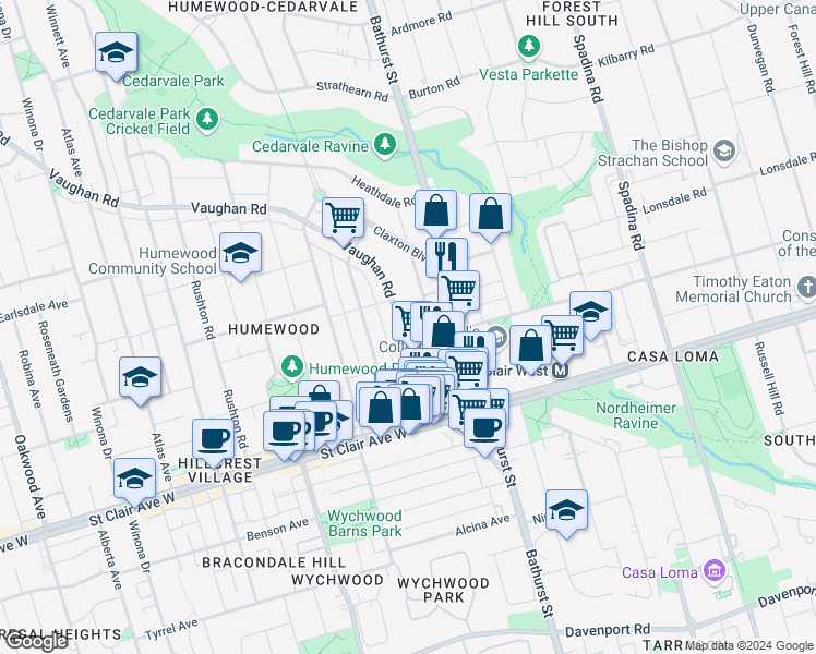 map of restaurants, bars, coffee shops, grocery stores, and more near in Toronto