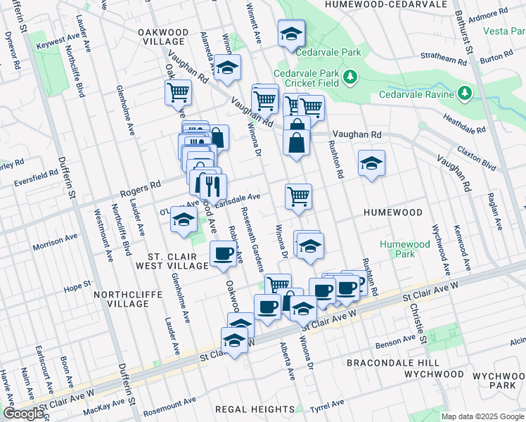map of restaurants, bars, coffee shops, grocery stores, and more near in Toronto