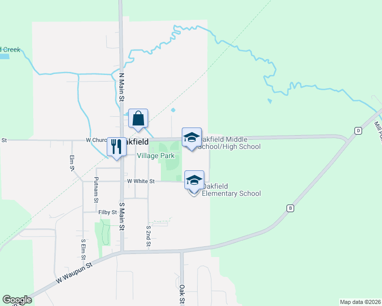 map of restaurants, bars, coffee shops, grocery stores, and more near 231 County Road D in Oakfield