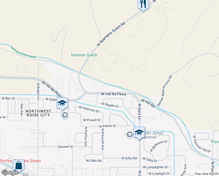 map of restaurants, bars, coffee shops, grocery stores, and more near 7645 West Hill Road in Boise