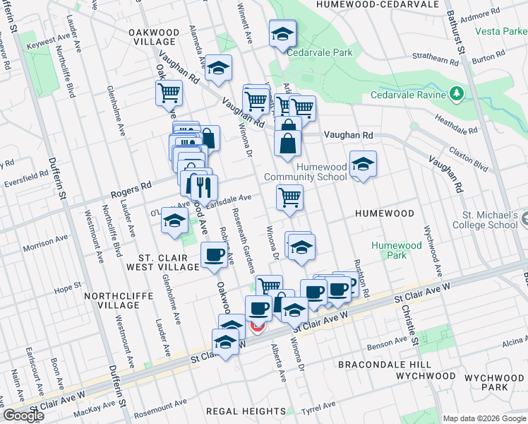 map of restaurants, bars, coffee shops, grocery stores, and more near 344 Winona Drive in Toronto