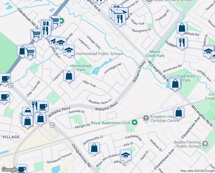 map of restaurants, bars, coffee shops, grocery stores, and more near 24 Fletchers Creek Boulevard in Brampton