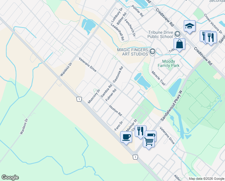 map of restaurants, bars, coffee shops, grocery stores, and more near 26 Fulmer Road in Brampton